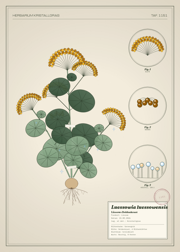 Botanische Tafel: Luessowia luessowensis, eine erfundene Pflanze aus Lüssow, gezeichnet wie in einem alten Pflanzenatlas
