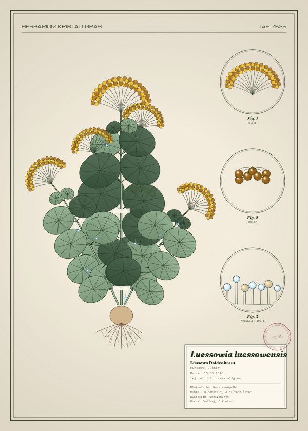 Botanische Tafel: Luessowia luessowensis, eine erfundene Pflanze aus Lüssow, gezeichnet wie in einem alten Pflanzenatlas