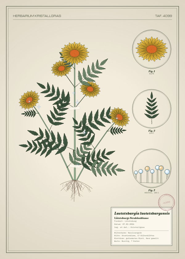 Botanische Tafel: Luetetsburgia luetetsburgensis, eine erfundene Pflanze aus Lütetsburg, gezeichnet wie in einem alten Pflanzenatlas