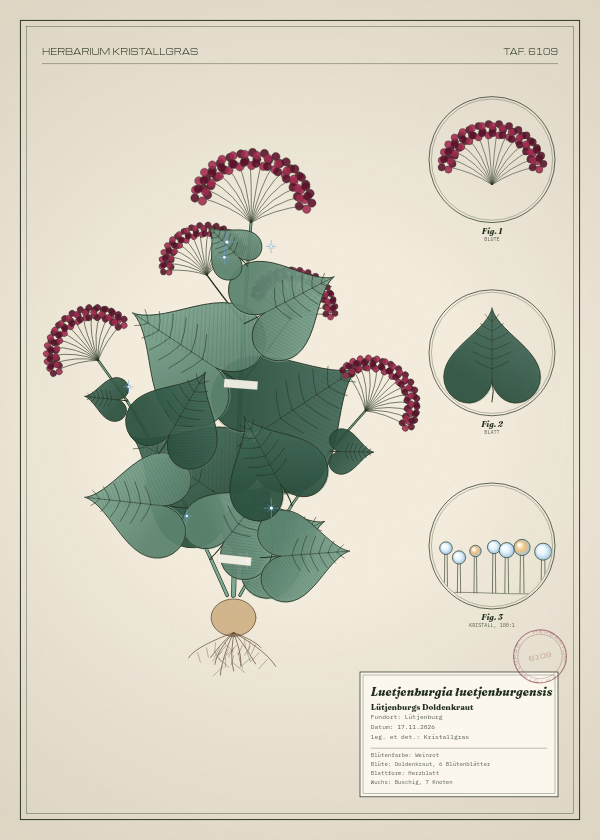 Botanische Tafel: Luetjenburgia luetjenburgensis, eine erfundene Pflanze aus Lütjenburg, gezeichnet wie in einem alten Pflanzenatlas