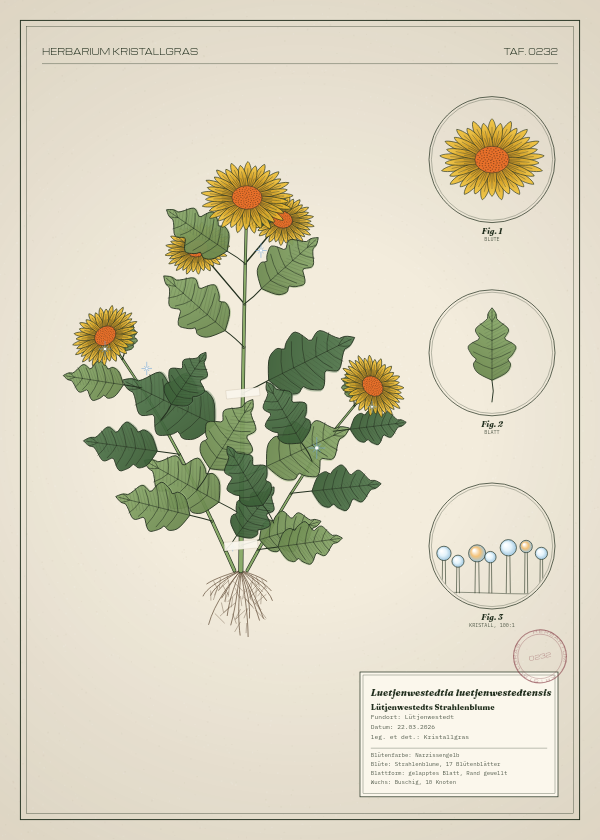 Botanische Tafel: Luetjenwestedtia luetjenwestedtensis, eine erfundene Pflanze aus Lütjenwestedt, gezeichnet wie in einem alten Pflanzenatlas