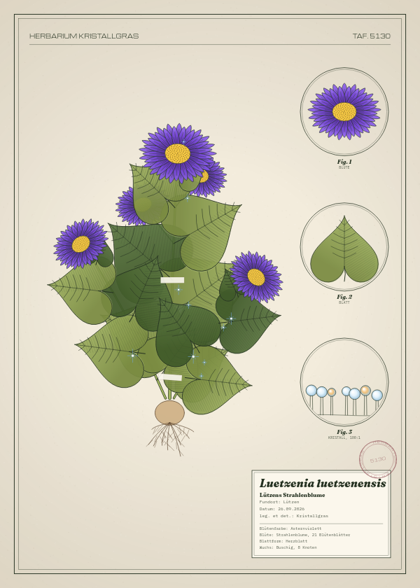 Botanische Tafel: Luetzenia luetzenensis, eine erfundene Pflanze aus Lützen, gezeichnet wie in einem alten Pflanzenatlas