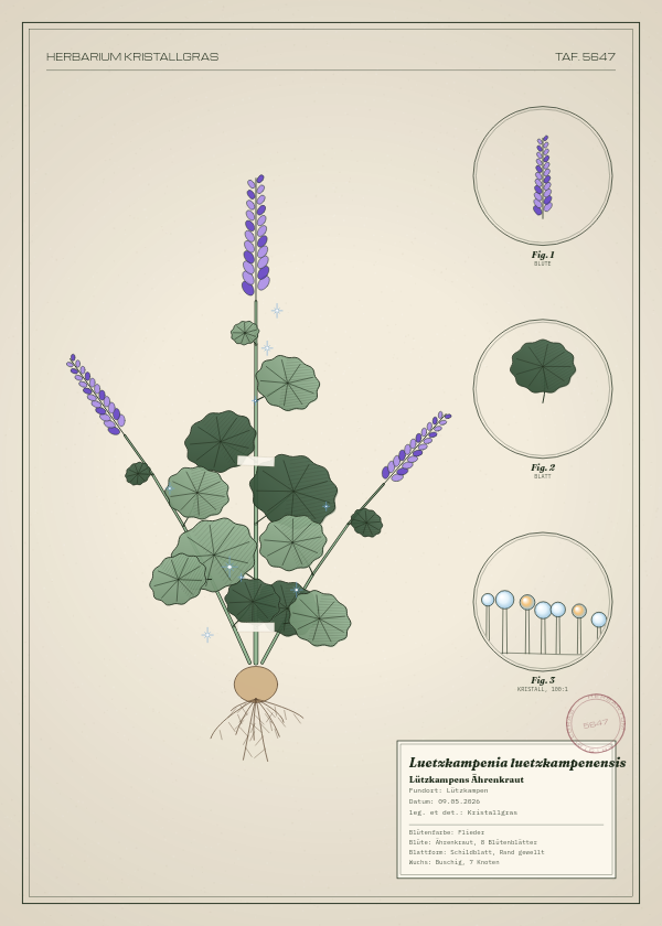 Botanische Tafel: Luetzkampenia luetzkampenensis, eine erfundene Pflanze aus Lützkampen, gezeichnet wie in einem alten Pflanzenatlas