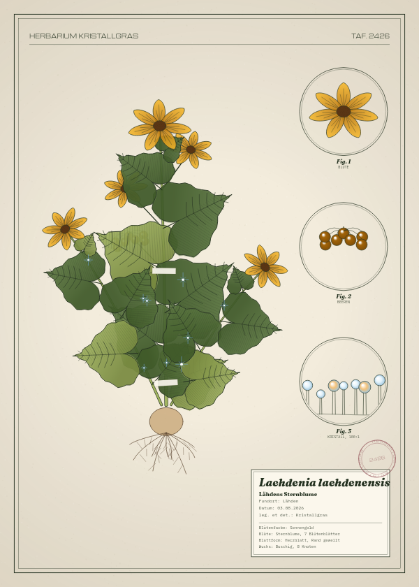 Botanische Tafel: Laehdenia laehdenensis, eine erfundene Pflanze aus Lähden, gezeichnet wie in einem alten Pflanzenatlas