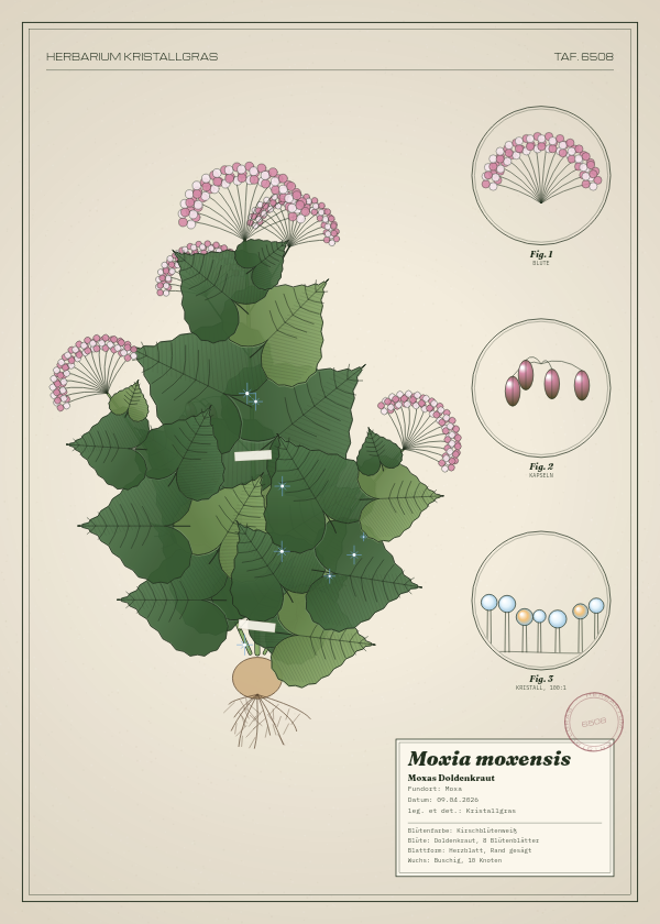 Botanische Tafel: Moxia moxensis, eine erfundene Pflanze aus Moxa, gezeichnet wie in einem alten Pflanzenatlas