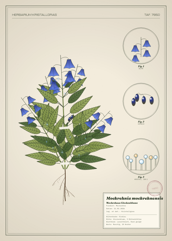 Botanische Tafel: Mockrehnia mockrehnensis, eine erfundene Pflanze aus Mockrehna, gezeichnet wie in einem alten Pflanzenatlas