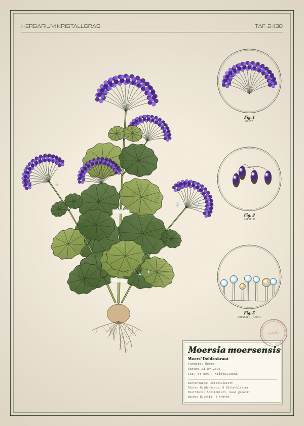 Botanische Tafel: Moersia moersensis, eine erfundene Pflanze aus Moers, gezeichnet wie in einem alten Pflanzenatlas
