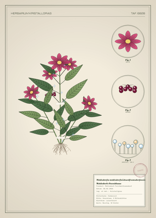 Botanische Tafel: Mohlsdorfia mohlsdorfteichwolframsdorfensis, eine erfundene Pflanze aus Mohlsdorf-Teichwolframsdorf, gezeichnet wie in einem alten Pflanzenatlas