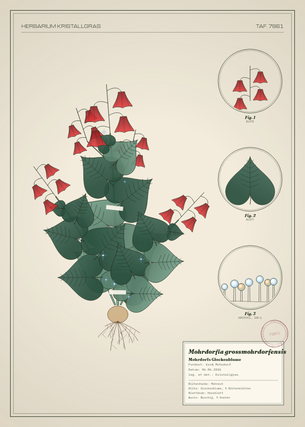 Botanische Tafel: Mohrdorfia grossmohrdorfensis, eine erfundene Pflanze aus Groß Mohrdorf, gezeichnet wie in einem alten Pflanzenatlas