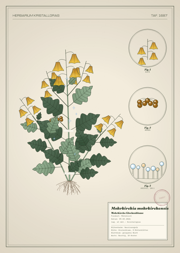Botanische Tafel: Mohrkirchia mohrkirchensis, eine erfundene Pflanze aus Mohrkirch, gezeichnet wie in einem alten Pflanzenatlas