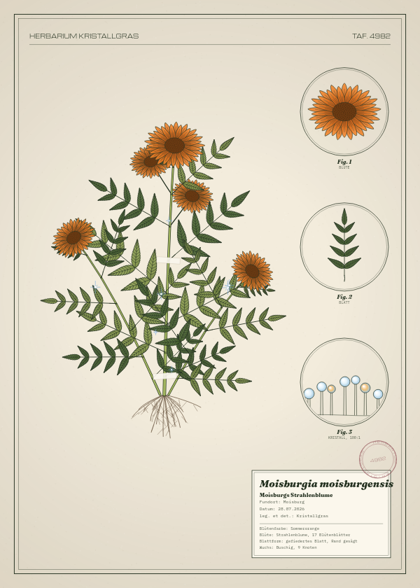 Botanische Tafel: Moisburgia moisburgensis, eine erfundene Pflanze aus Moisburg, gezeichnet wie in einem alten Pflanzenatlas
