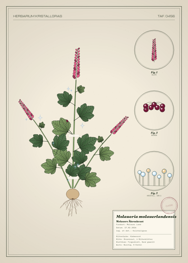 Botanische Tafel: Molaueria molauerlandensis, eine erfundene Pflanze aus Molauer Land, gezeichnet wie in einem alten Pflanzenatlas