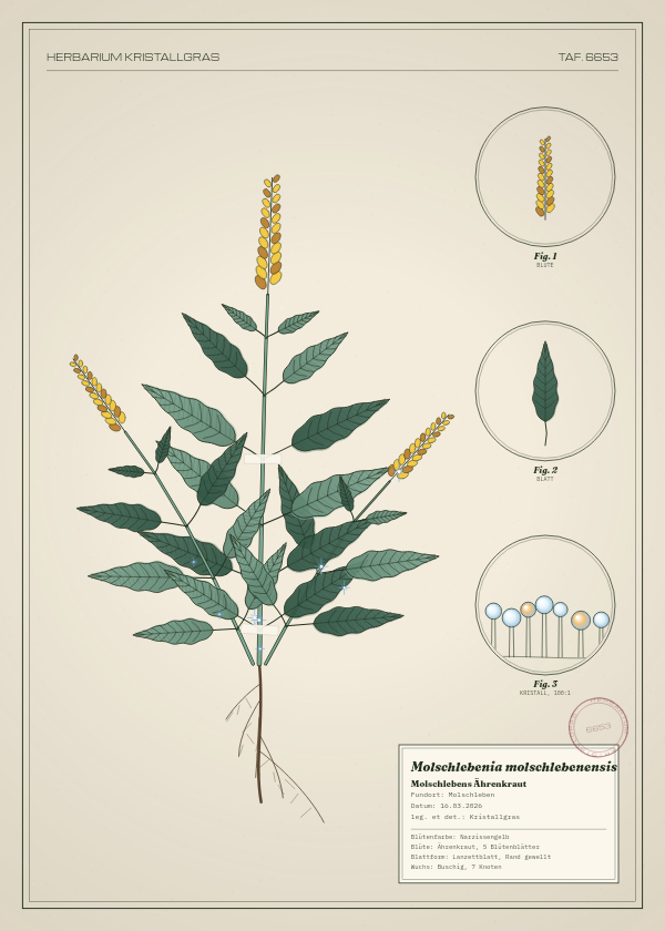 Botanische Tafel: Molschlebenia molschlebenensis, eine erfundene Pflanze aus Molschleben, gezeichnet wie in einem alten Pflanzenatlas