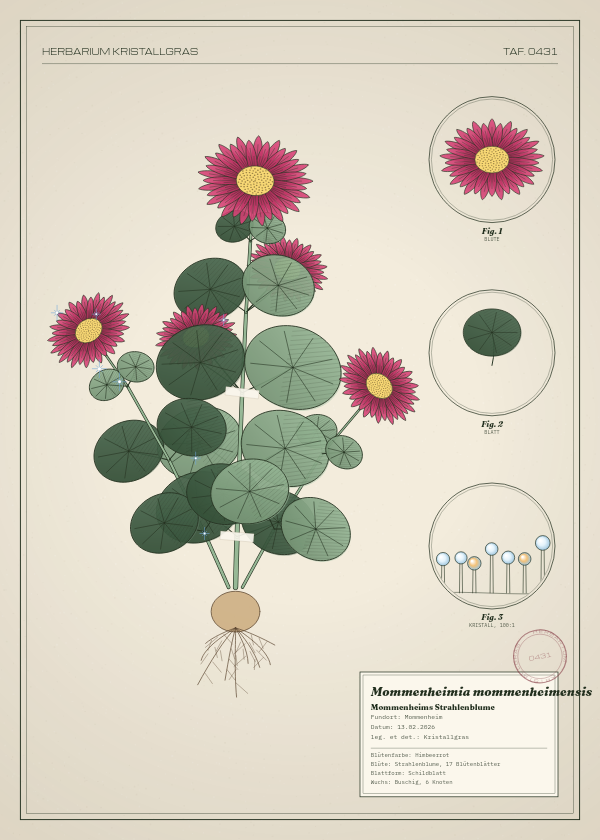 Botanische Tafel: Mommenheimia mommenheimensis, eine erfundene Pflanze aus Mommenheim, gezeichnet wie in einem alten Pflanzenatlas