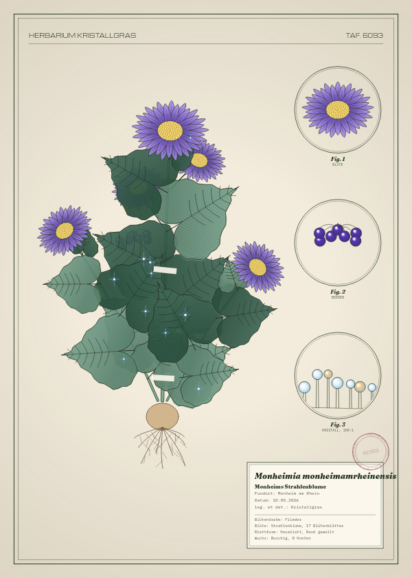 Botanische Tafel: Monheimia monheimamrheinensis, eine erfundene Pflanze aus Monheim am Rhein, gezeichnet wie in einem alten Pflanzenatlas