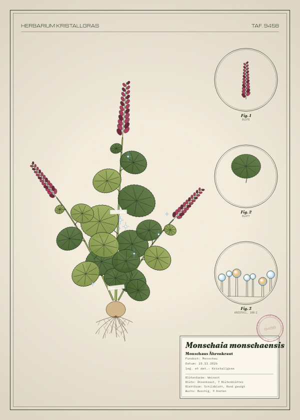 Botanische Tafel: Monschaia monschaensis, eine erfundene Pflanze aus Monschau, gezeichnet wie in einem alten Pflanzenatlas