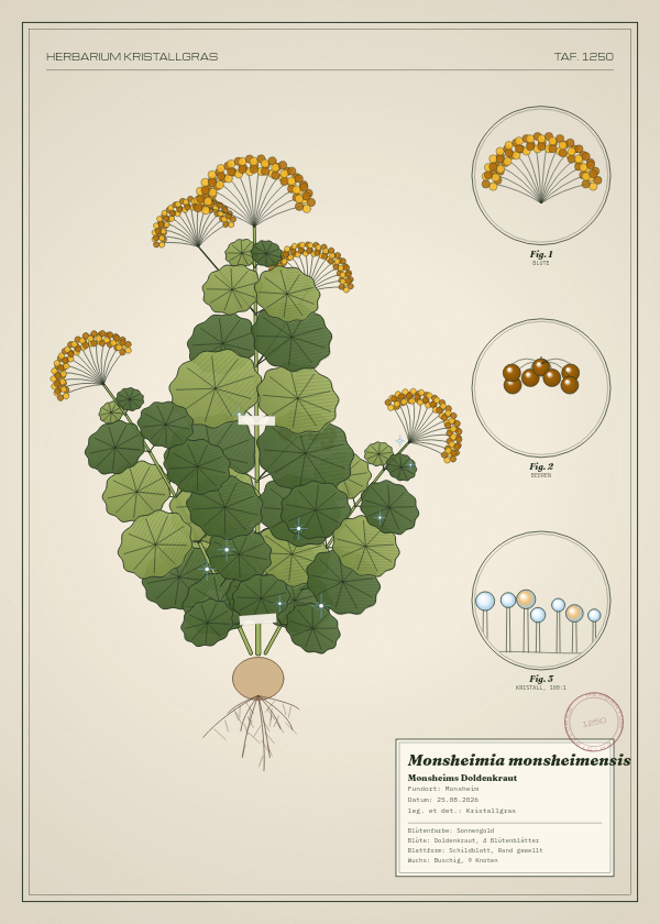 Botanische Tafel: Monsheimia monsheimensis, eine erfundene Pflanze aus Monsheim, gezeichnet wie in einem alten Pflanzenatlas