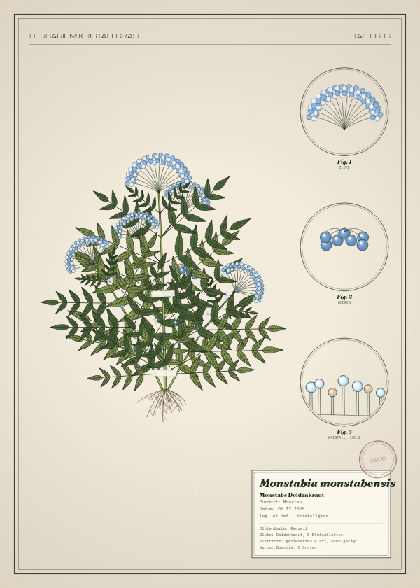 Botanische Tafel: Monstabia monstabensis, eine erfundene Pflanze aus Monstab, gezeichnet wie in einem alten Pflanzenatlas
