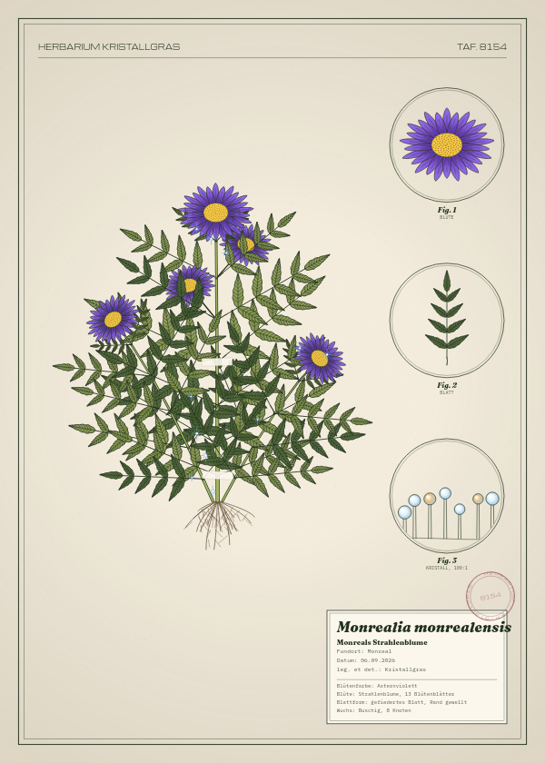 Botanische Tafel: Monrealia monrealensis, eine erfundene Pflanze aus Monreal, gezeichnet wie in einem alten Pflanzenatlas
