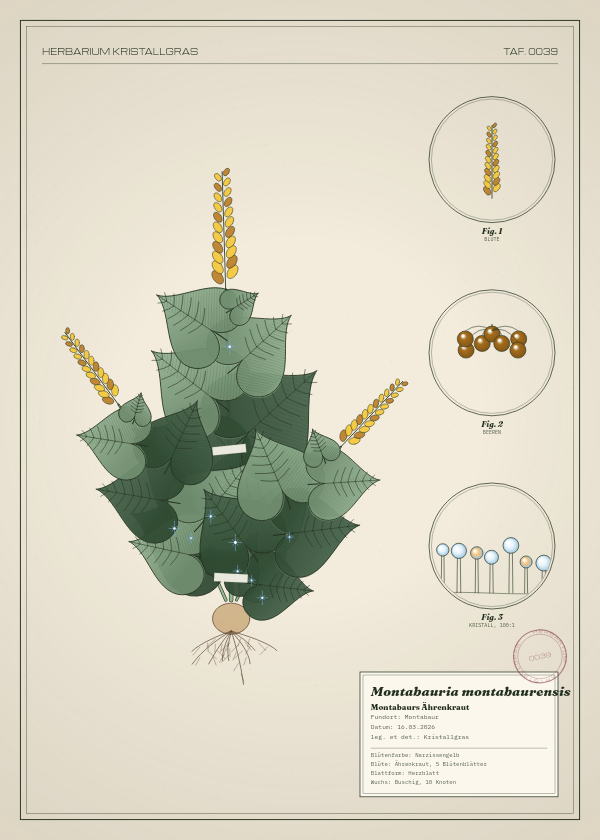 Botanische Tafel: Montabauria montabaurensis, eine erfundene Pflanze aus Montabaur, gezeichnet wie in einem alten Pflanzenatlas