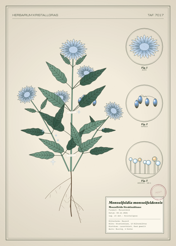 Botanische Tafel: Monzelfeldia monzelfeldensis, eine erfundene Pflanze aus Monzelfeld, gezeichnet wie in einem alten Pflanzenatlas