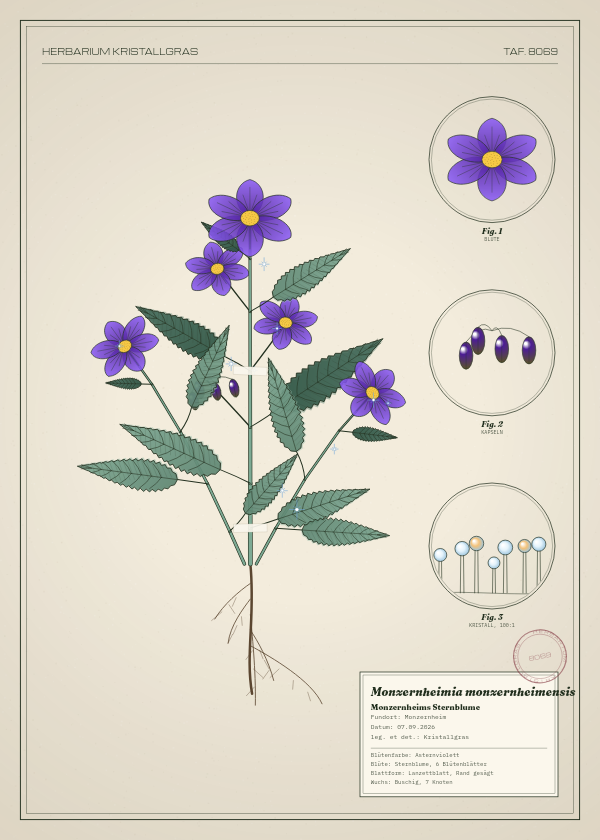 Botanische Tafel: Monzernheimia monzernheimensis, eine erfundene Pflanze aus Monzernheim, gezeichnet wie in einem alten Pflanzenatlas