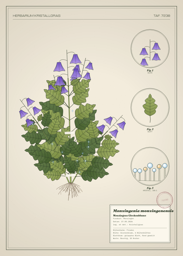 Botanische Tafel: Monzingenia monzingenensis, eine erfundene Pflanze aus Monzingen, gezeichnet wie in einem alten Pflanzenatlas