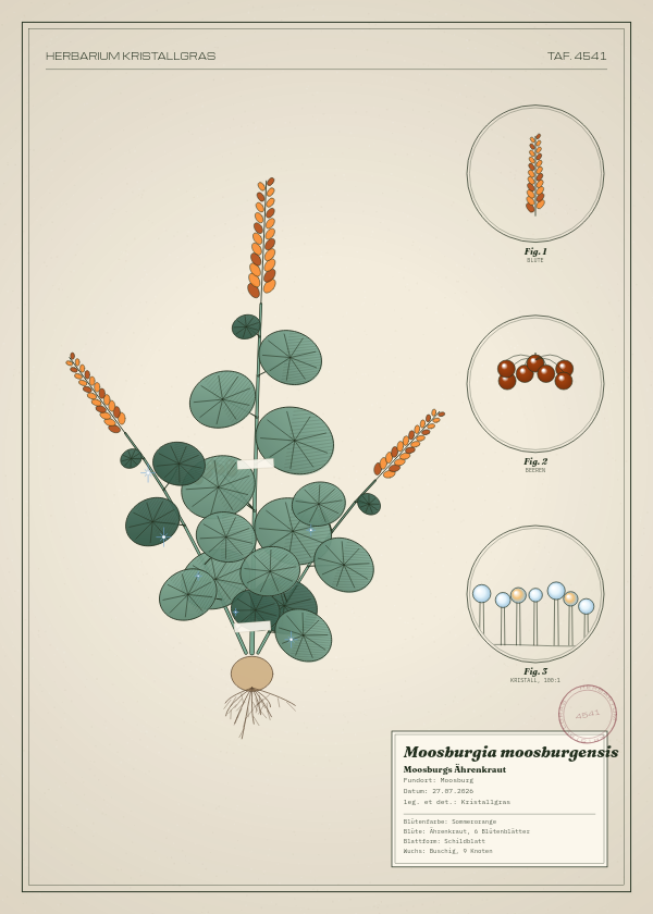 Botanische Tafel: Moosburgia moosburgensis, eine erfundene Pflanze aus Moosburg, gezeichnet wie in einem alten Pflanzenatlas