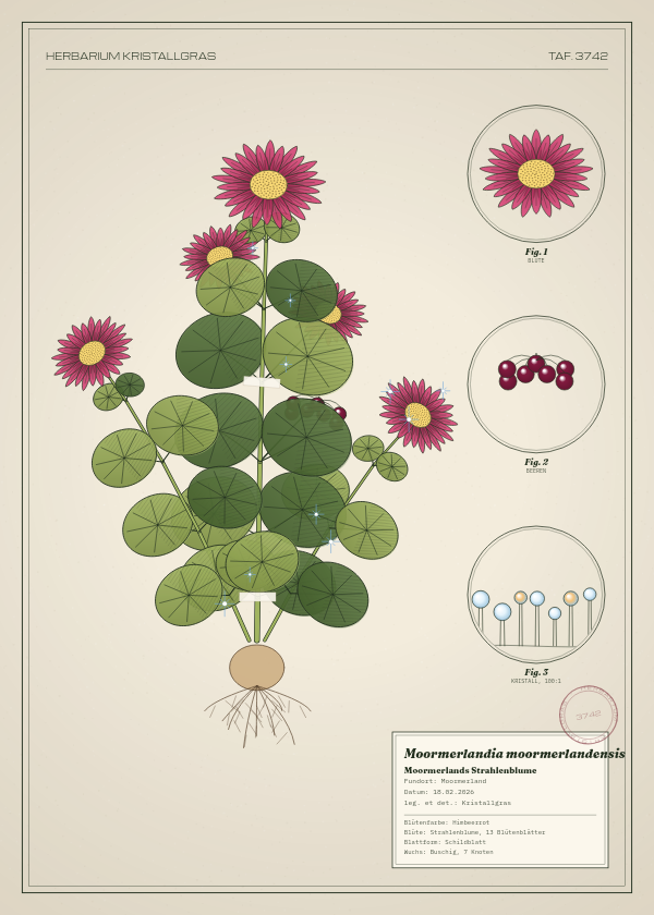 Botanische Tafel: Moormerlandia moormerlandensis, eine erfundene Pflanze aus Moormerland, gezeichnet wie in einem alten Pflanzenatlas