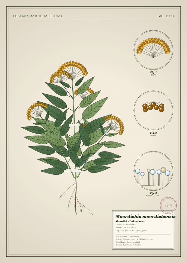 Botanische Tafel: Moordiekia moordiekensis, eine erfundene Pflanze aus Moordiek, gezeichnet wie in einem alten Pflanzenatlas