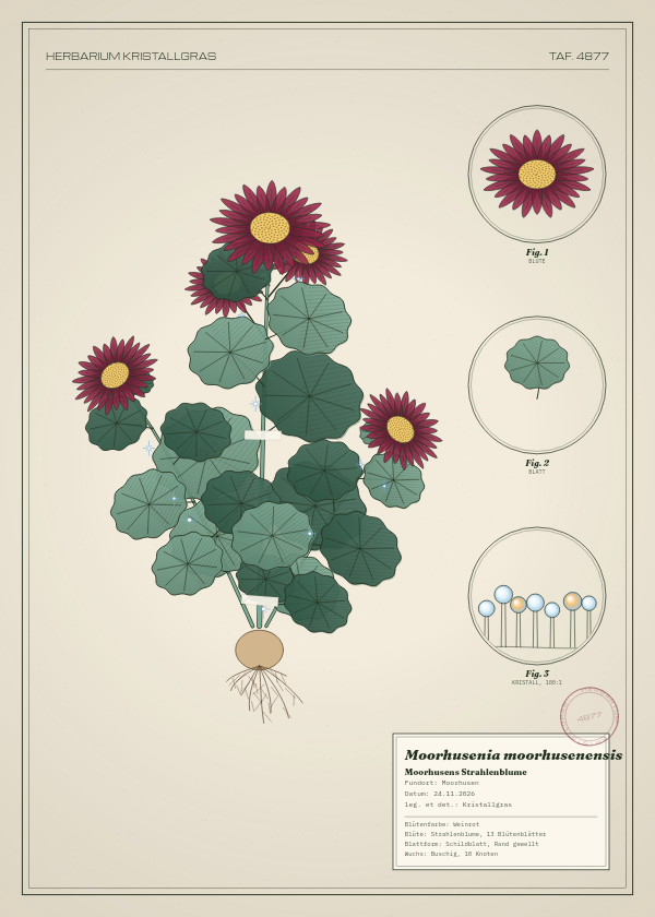 Botanische Tafel: Moorhusenia moorhusenensis, eine erfundene Pflanze aus Moorhusen, gezeichnet wie in einem alten Pflanzenatlas