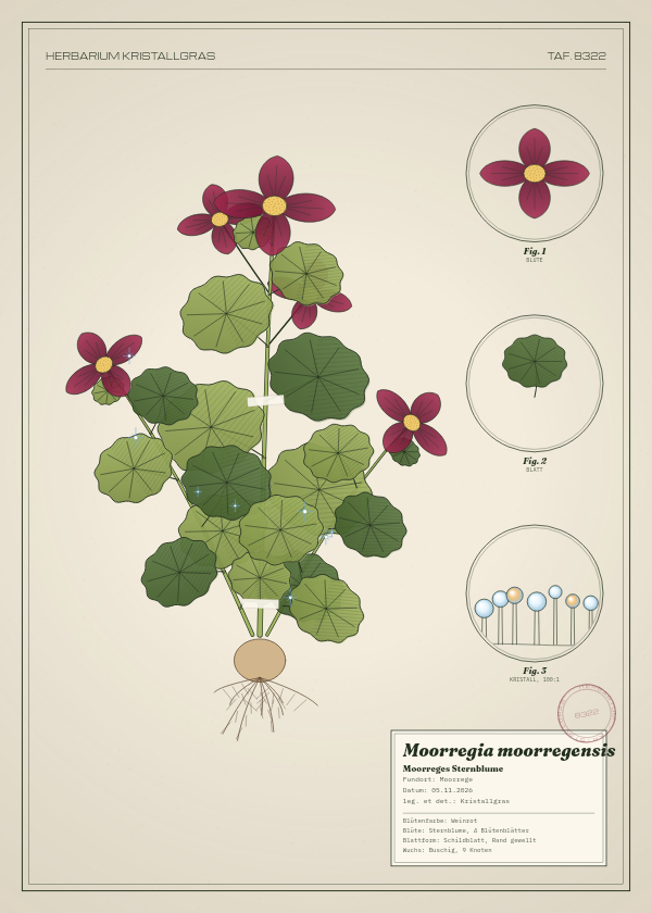 Botanische Tafel: Moorregia moorregensis, eine erfundene Pflanze aus Moorrege, gezeichnet wie in einem alten Pflanzenatlas