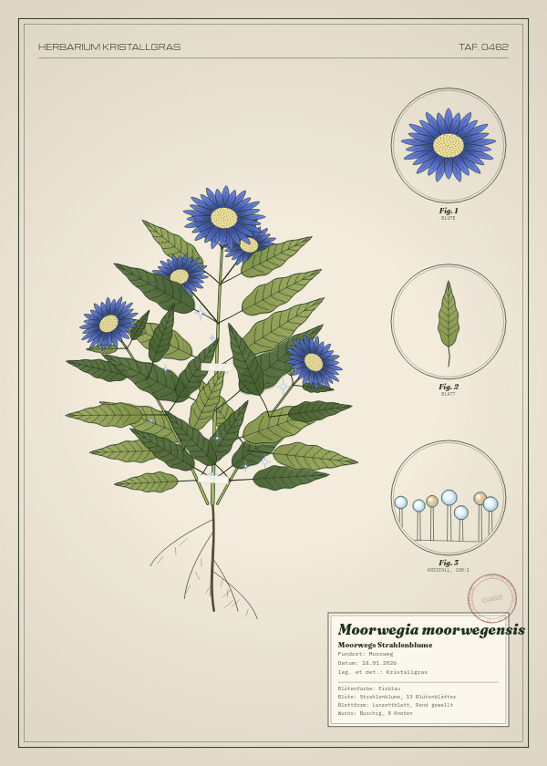 Botanische Tafel: Moorwegia moorwegensis, eine erfundene Pflanze aus Moorweg, gezeichnet wie in einem alten Pflanzenatlas