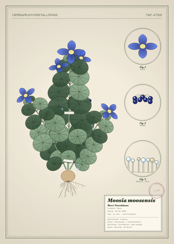 Botanische Tafel: Moosia moosensis, eine erfundene Pflanze aus Moos, gezeichnet wie in einem alten Pflanzenatlas