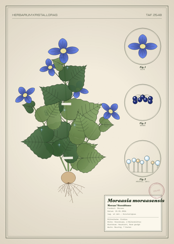 Botanische Tafel: Moraasia moraasensis, eine erfundene Pflanze aus Moraas, gezeichnet wie in einem alten Pflanzenatlas