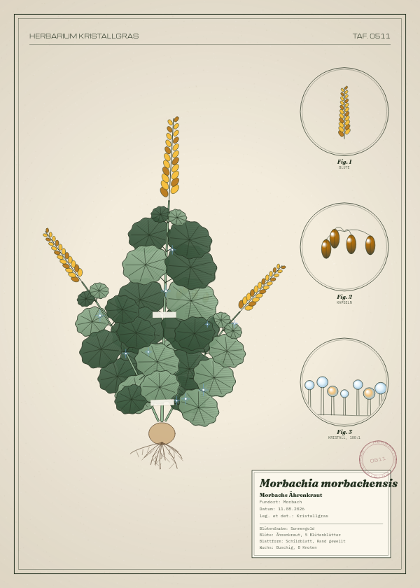 Botanische Tafel: Morbachia morbachensis, eine erfundene Pflanze aus Morbach, gezeichnet wie in einem alten Pflanzenatlas