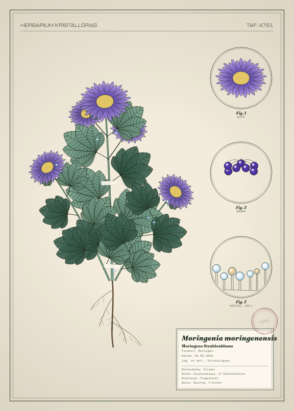 Botanische Tafel: Moringenia moringenensis, eine erfundene Pflanze aus Moringen, gezeichnet wie in einem alten Pflanzenatlas