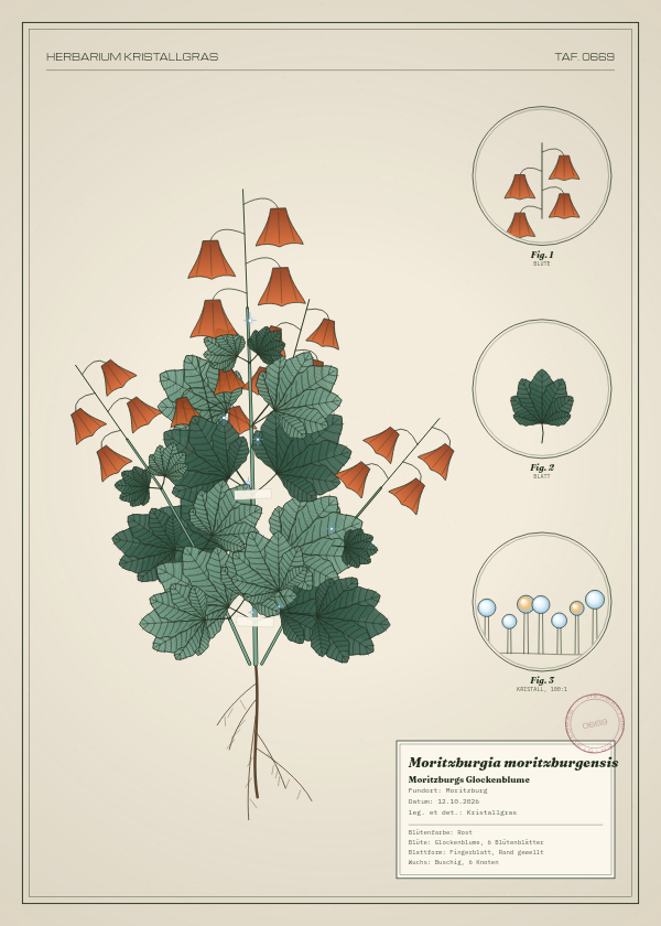 Botanische Tafel: Moritzburgia moritzburgensis, eine erfundene Pflanze aus Moritzburg, gezeichnet wie in einem alten Pflanzenatlas