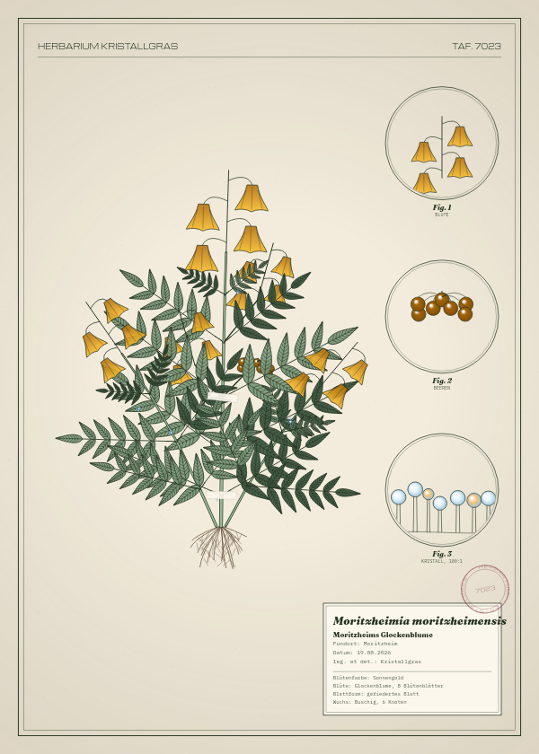 Botanische Tafel: Moritzheimia moritzheimensis, eine erfundene Pflanze aus Moritzheim, gezeichnet wie in einem alten Pflanzenatlas