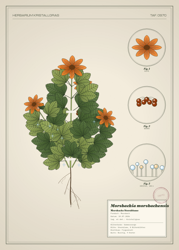 Botanische Tafel: Morsbachia morsbachensis, eine erfundene Pflanze aus Morsbach, gezeichnet wie in einem alten Pflanzenatlas