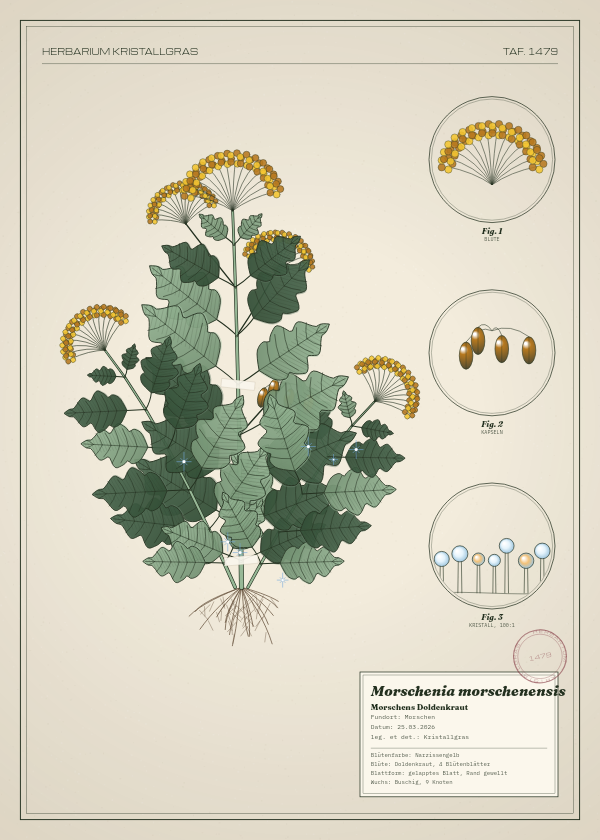 Botanische Tafel: Morschenia morschenensis, eine erfundene Pflanze aus Morschen, gezeichnet wie in einem alten Pflanzenatlas