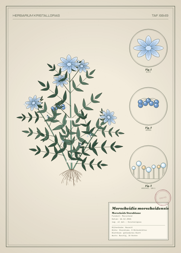 Botanische Tafel: Morscheidia morscheidensis, eine erfundene Pflanze aus Morscheid, gezeichnet wie in einem alten Pflanzenatlas