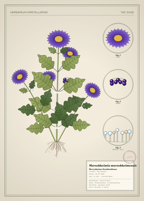 Botanische Tafel: Morschheimia morschheimensis, eine erfundene Pflanze aus Morschheim, gezeichnet wie in einem alten Pflanzenatlas