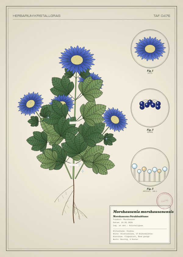 Botanische Tafel: Morshausenia morshausenensis, eine erfundene Pflanze aus Morshausen, gezeichnet wie in einem alten Pflanzenatlas