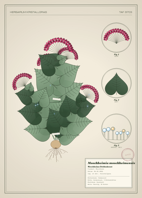 Botanische Tafel: Moschheimia moschheimensis, eine erfundene Pflanze aus Moschheim, gezeichnet wie in einem alten Pflanzenatlas