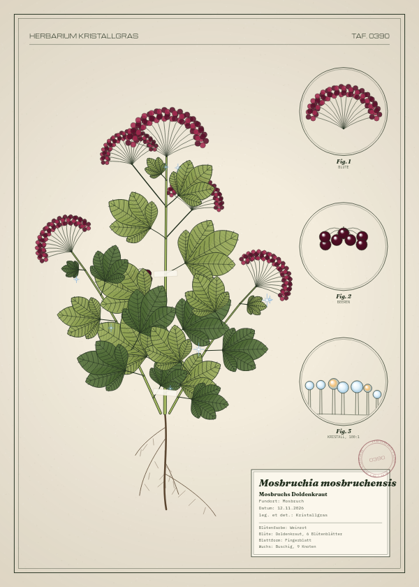 Botanische Tafel: Mosbruchia mosbruchensis, eine erfundene Pflanze aus Mosbruch, gezeichnet wie in einem alten Pflanzenatlas