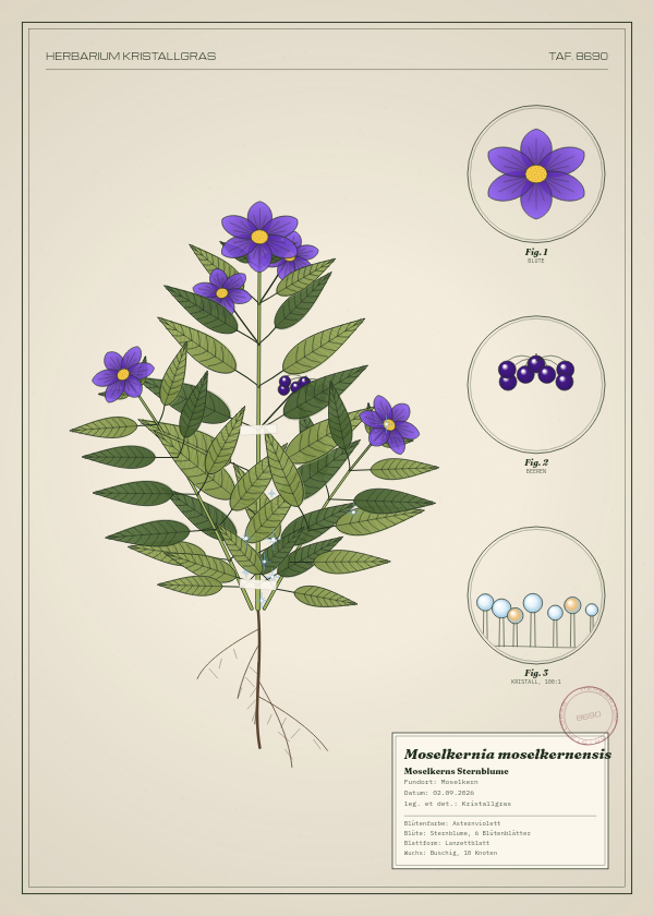 Botanische Tafel: Moselkernia moselkernensis, eine erfundene Pflanze aus Moselkern, gezeichnet wie in einem alten Pflanzenatlas
