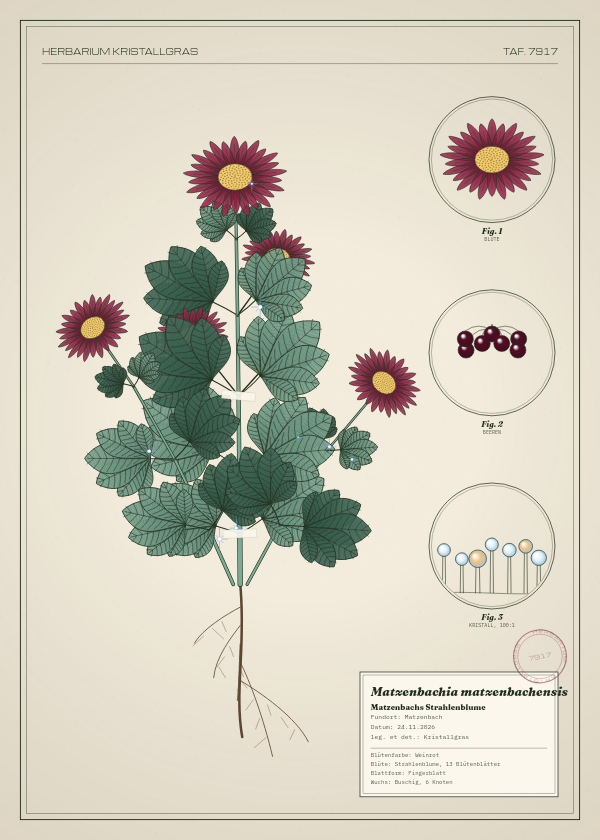 Botanische Tafel: Matzenbachia matzenbachensis, eine erfundene Pflanze aus Matzenbach, gezeichnet wie in einem alten Pflanzenatlas