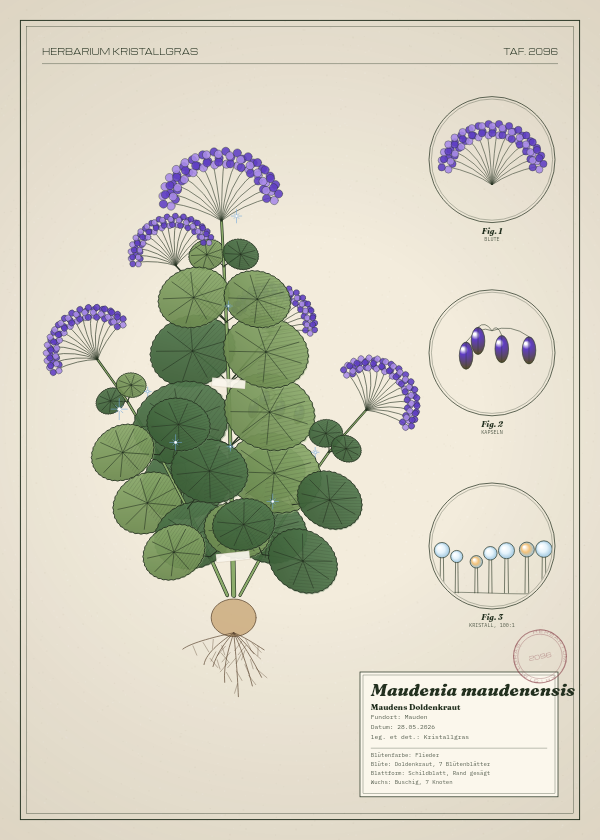 Botanische Tafel: Maudenia maudenensis, eine erfundene Pflanze aus Mauden, gezeichnet wie in einem alten Pflanzenatlas