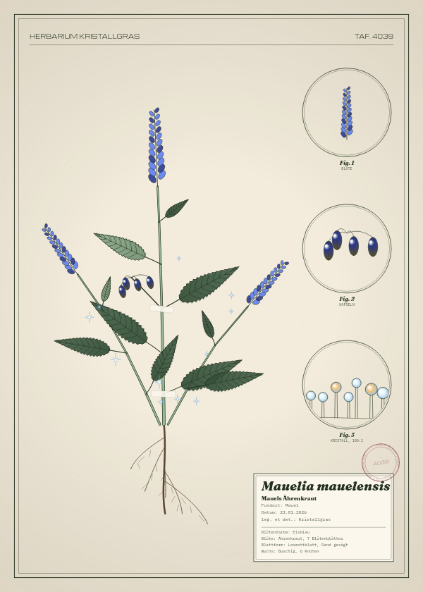 Botanische Tafel: Mauelia mauelensis, eine erfundene Pflanze aus Mauel, gezeichnet wie in einem alten Pflanzenatlas
